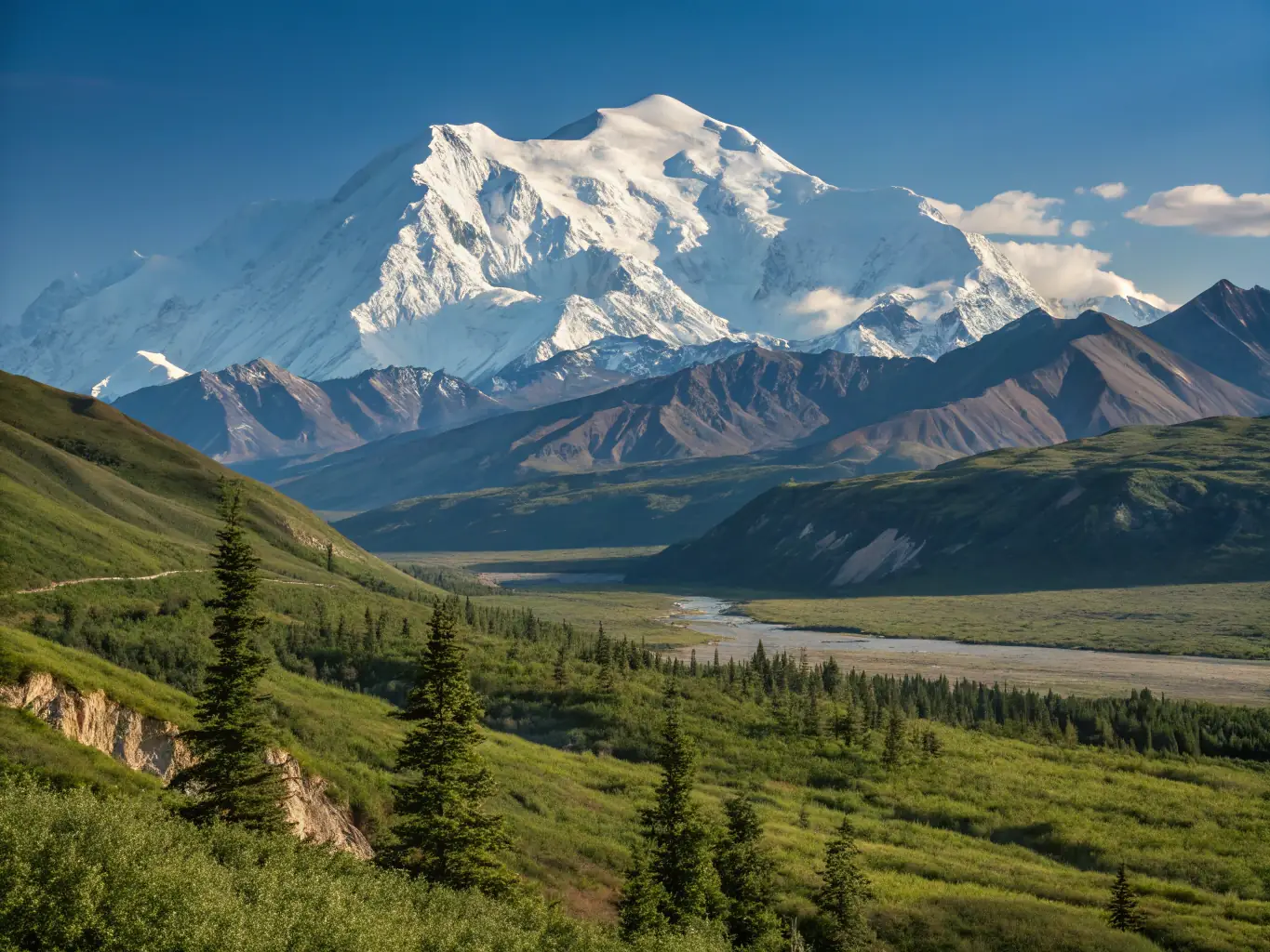 A stunning landscape of Denali National Park in Alaska, featuring snow-capped mountains and vast wilderness. The image should convey a sense of adventure and the rugged beauty of the Alaskan frontier.