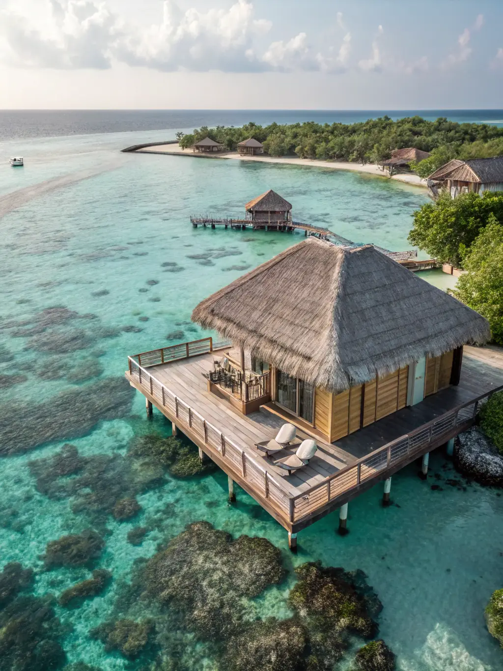 A luxurious overwater bungalow in the Maldives, showcasing crystal-clear turquoise waters and a private deck with direct access to the ocean, representing high-end travel.