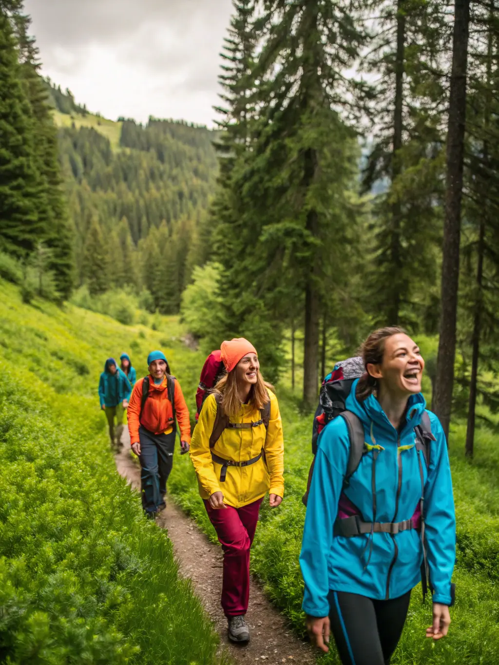 A group of hikers trekking through a lush rainforest in Costa Rica, with vibrant greenery and exotic wildlife visible, representing adventure travel.