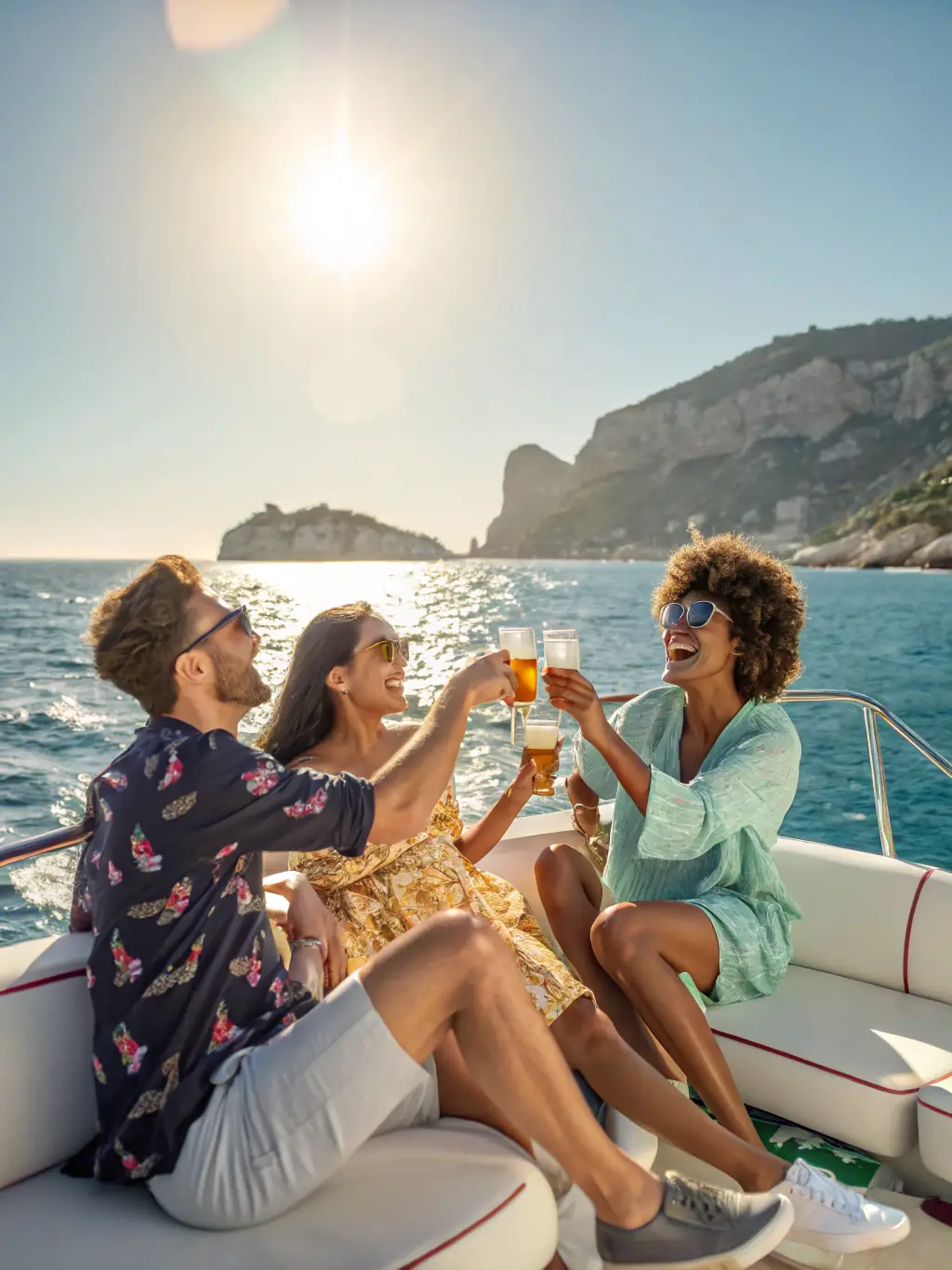 A large group of friends laughing and enjoying themselves on a yacht in the Mediterranean Sea, with stunning coastal views and clear blue skies, representing group trips.