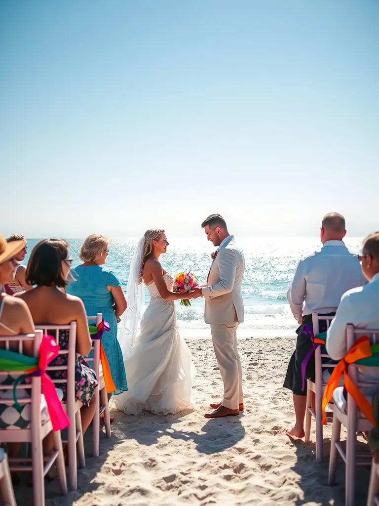 A couple exchanging vows on a pristine beach in the Caribbean, with a beautifully decorated arch and the turquoise sea in the background, representing destination weddings.
